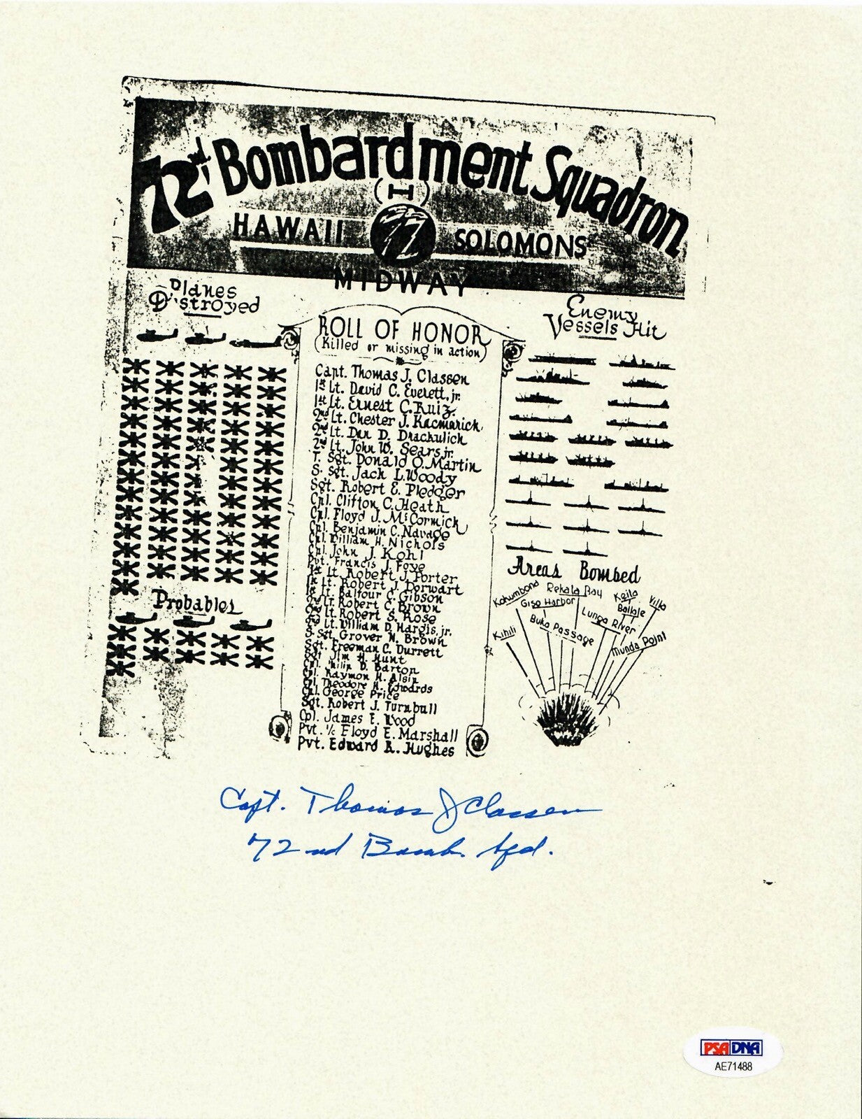 THOMAS CLASSEN SIGNED ROLL OF HONOR DOCUMENT PSA DNA AE71488 (D) WWII 72ND BS0
