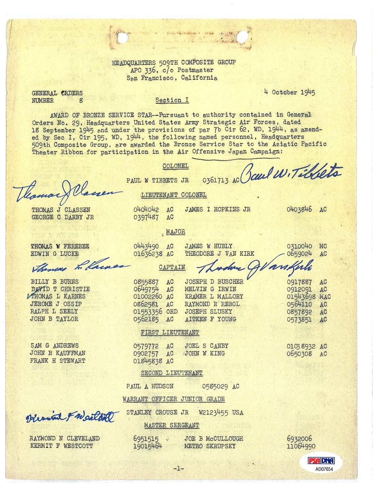 509th COMP GROUP MULTI SIGNED BRONZE STAR DOCUMENT PSA DNA AD07654 (D) X50