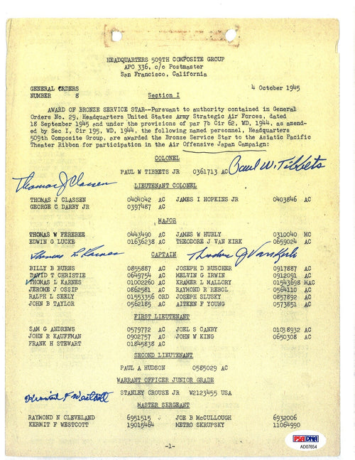 509th COMP GROUP MULTI SIGNED BRONZE STAR DOCUMENT PSA DNA AD07654 (D) X50