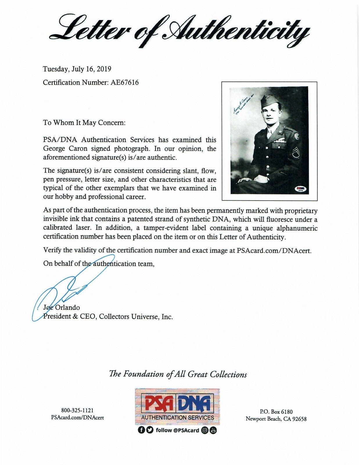 GEORGE CARON SIGNED 8X10 PHOTO PSA DNA ENOLA GAY B-8 (D) WWII1