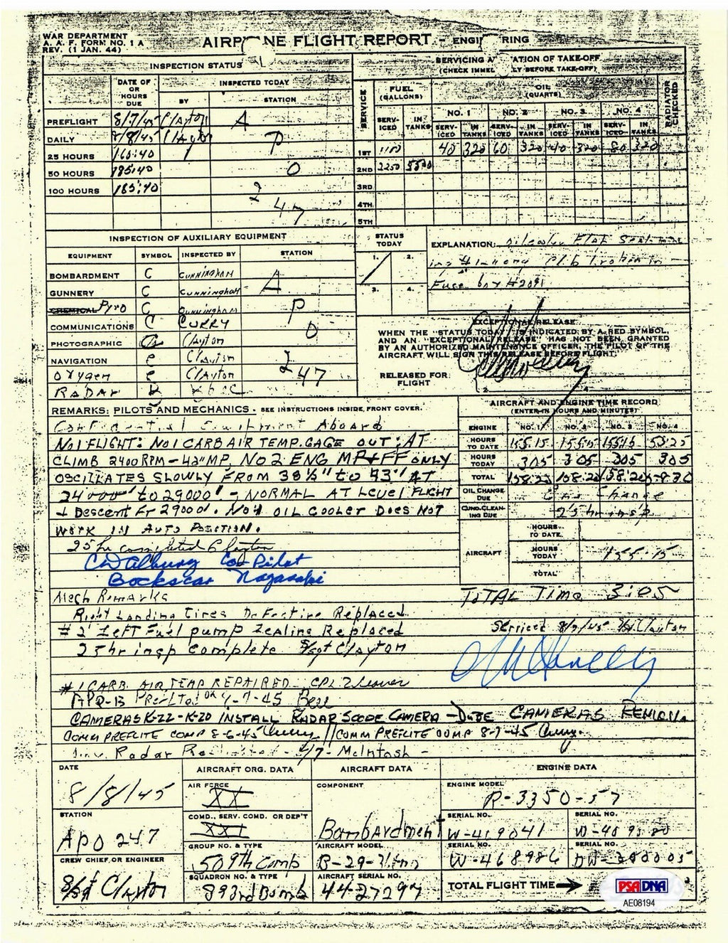 SWEENEY ALBURY SIGNED FLIGHT DOCUMENT PSA DNA AE08194 (D) BOCKSCAR NAGASAKI0