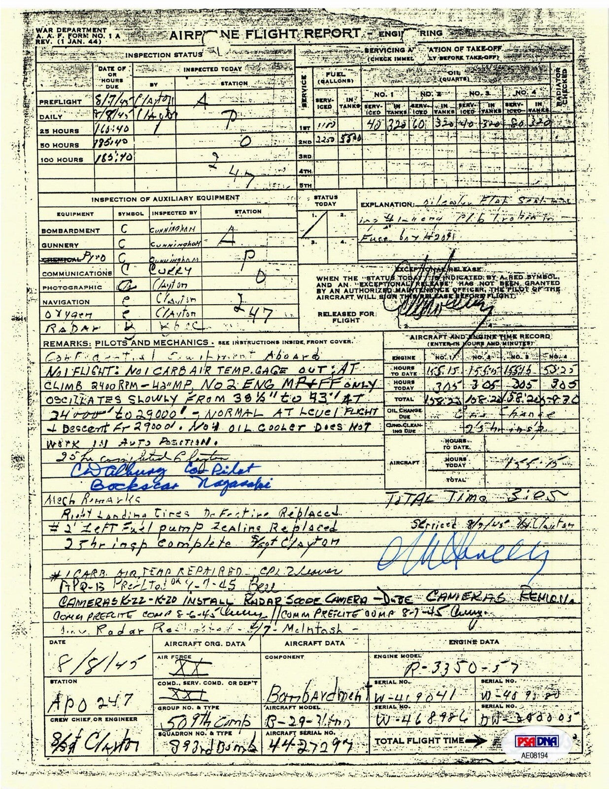 SWEENEY ALBURY SIGNED FLIGHT DOCUMENT PSA DNA AE08194 (D) BOCKSCAR NAGASAKI0