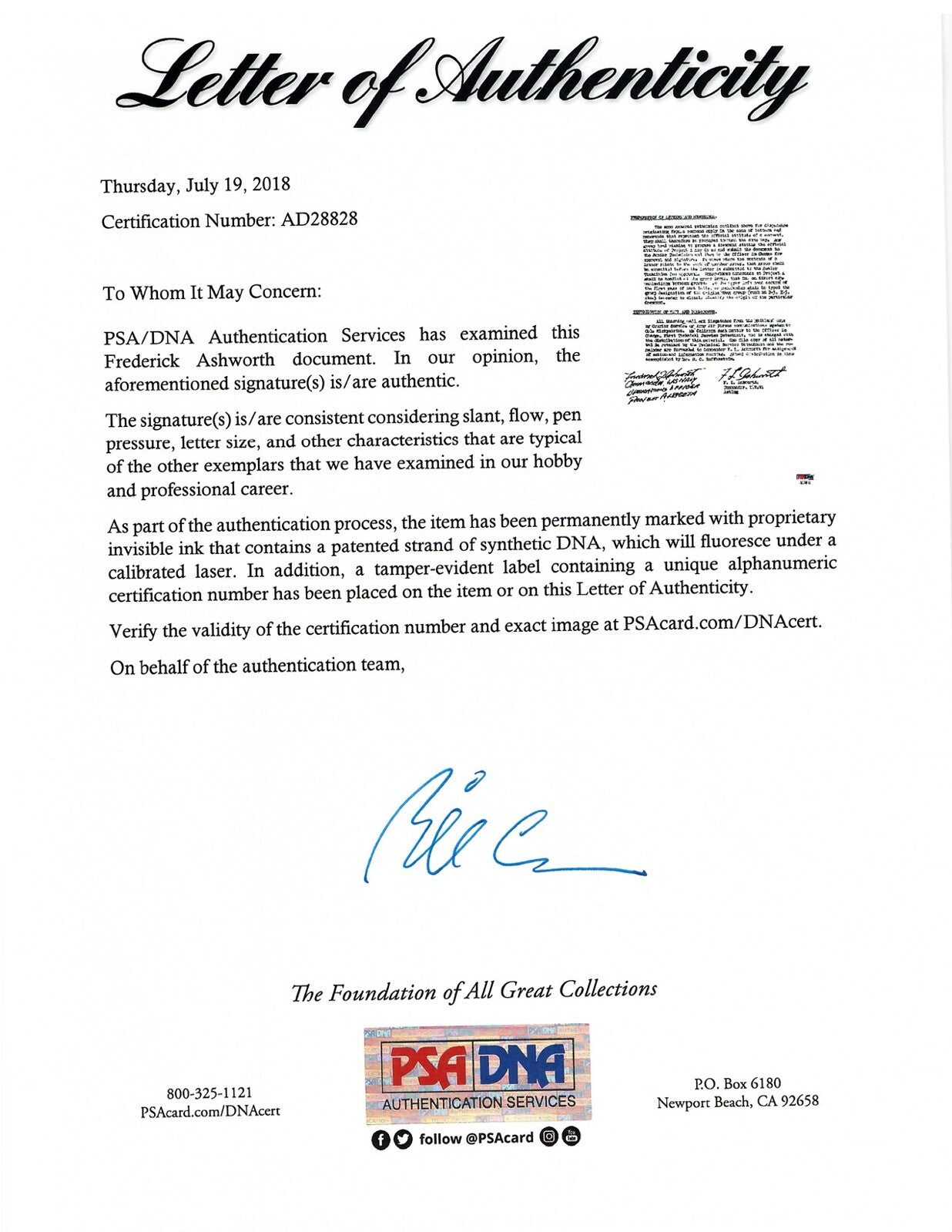 FREDERICK ASHWORTH SIGNED DOCUMENT PSA DNA AD28828 (D) WWII PROJECT ALBERTA1