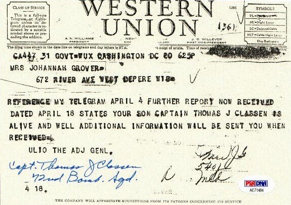 THOMAS CLASSEN SIGNED WESTERN UNION DOCUMENT PSA DNA AE71484 (D) WWII 72ND BS0