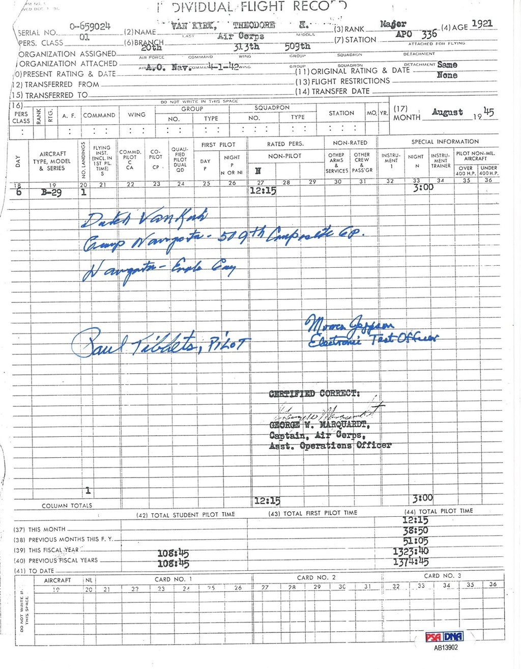 DUTCH VAN KIRK SIGNED FLIGHT RECORD DOCUMENT PSA DNA AB13902 TIBBETS JEPPSON0