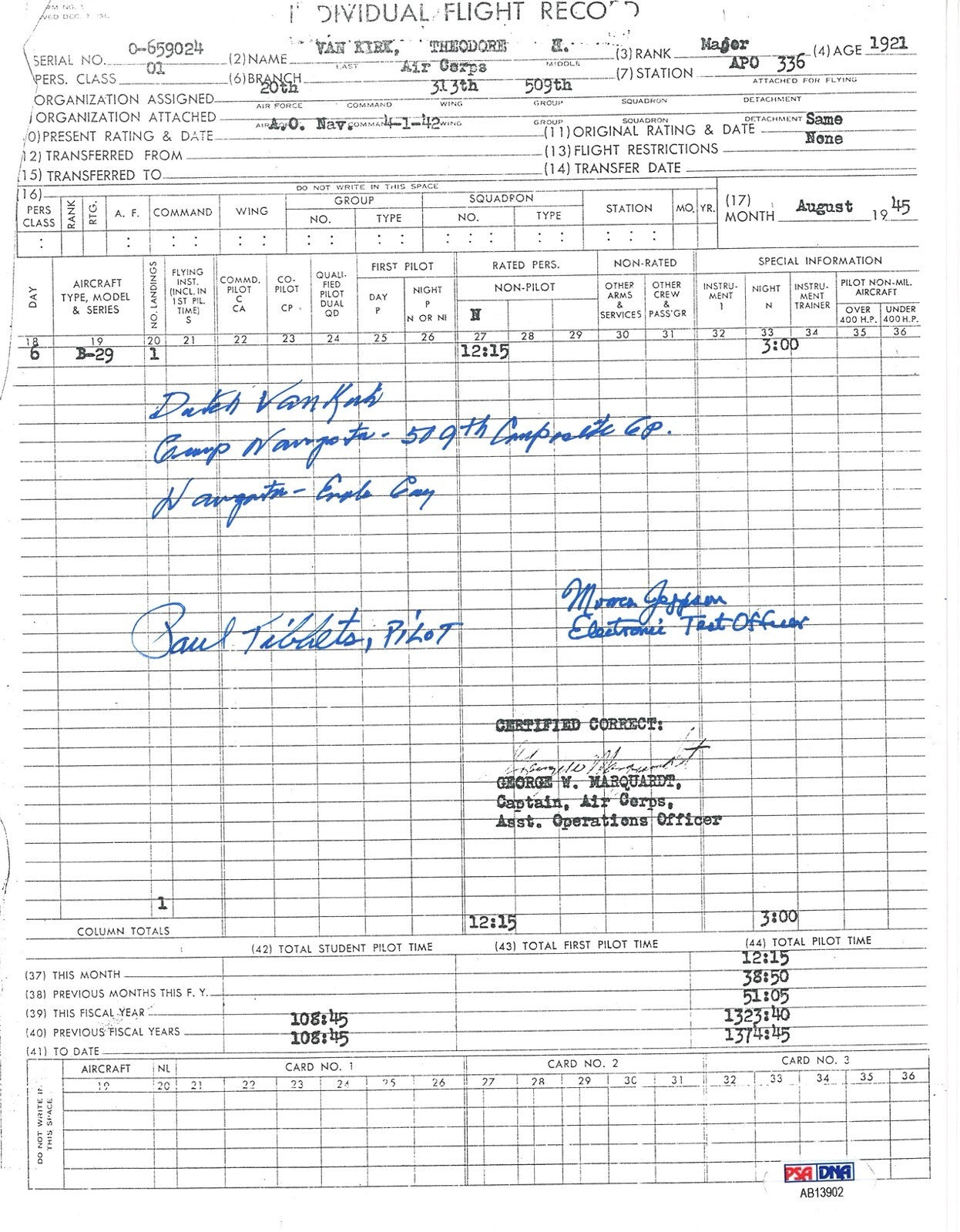 DUTCH VAN KIRK SIGNED FLIGHT RECORD DOCUMENT PSA DNA AB13902 TIBBETS JEPPSON0