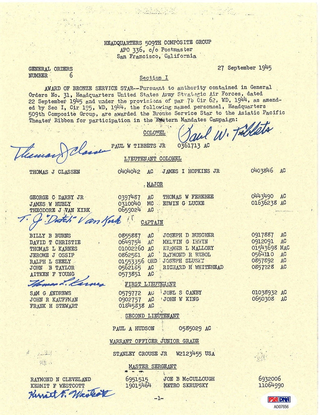 509th COMP GROUP MULTI SIGNED BRONZE STAR DOCUMENT PSA DNA AD07656 (D) X50