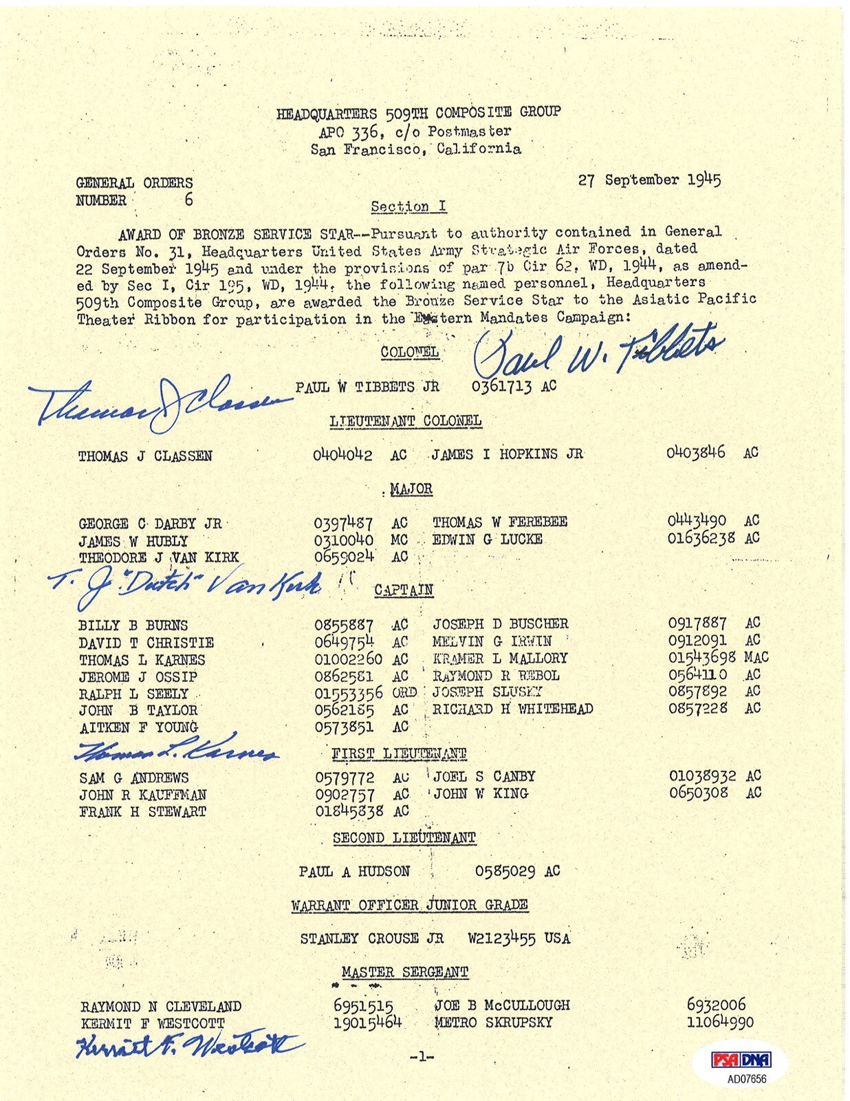 509th COMP GROUP MULTI SIGNED BRONZE STAR DOCUMENT PSA DNA AD07656 (D) X50