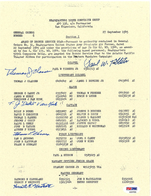 509th COMP GROUP MULTI SIGNED BRONZE STAR DOCUMENT PSA DNA AD07656 (D) X50