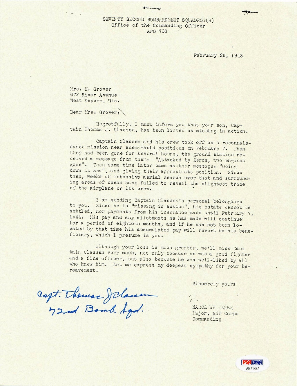 THOMAS CLASSEN SIGNED PSA DNA AE71487 (D) WWII MIA LETTER 509TH COMP GROUP0