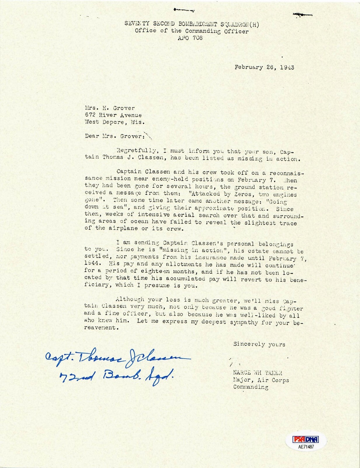 THOMAS CLASSEN SIGNED PSA DNA AE71487 (D) WWII MIA LETTER 509TH COMP GROUP0