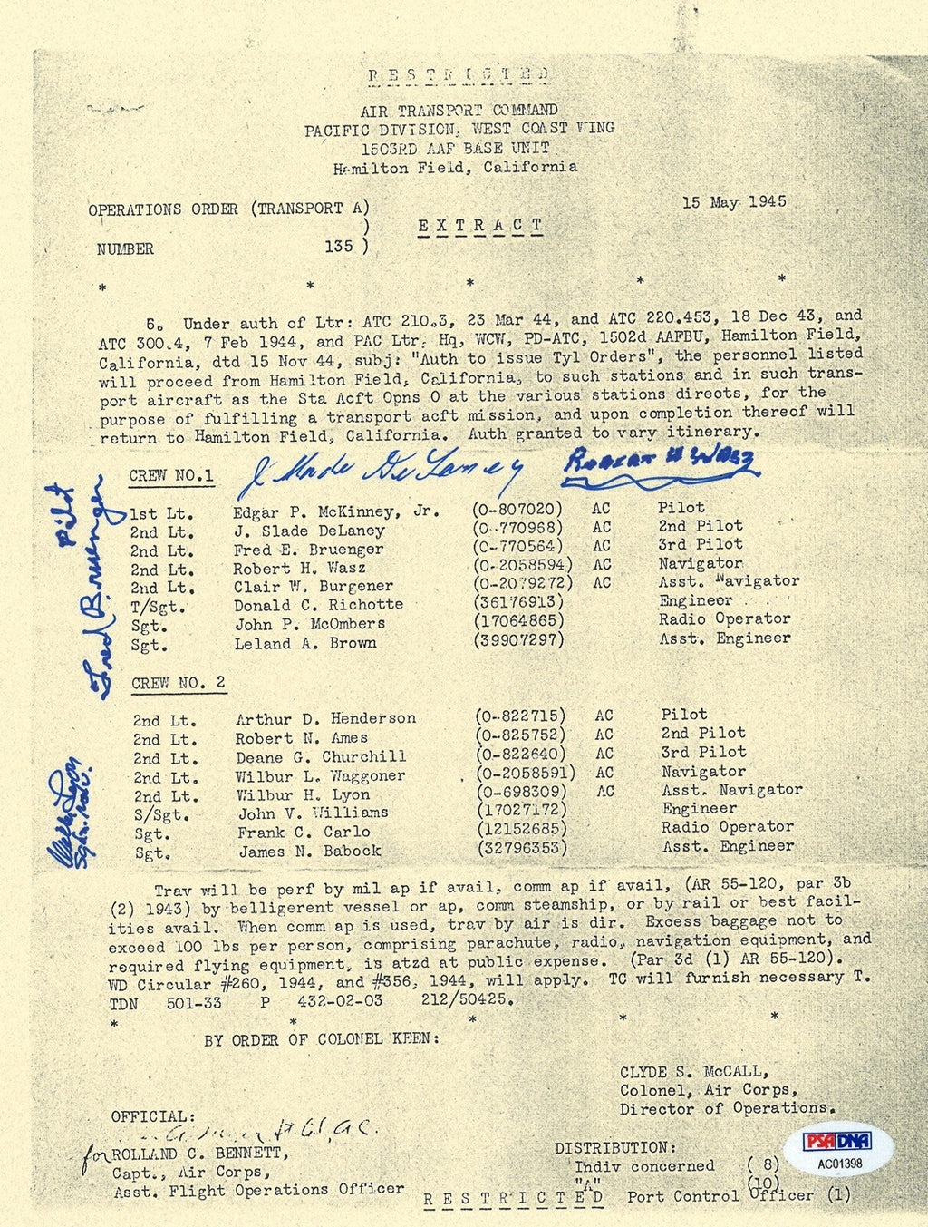320TH TROUP SQUADRON MULTI SIGNED OPERATIONS ORDER DOCUMENT PSA DNA AC01398 X40