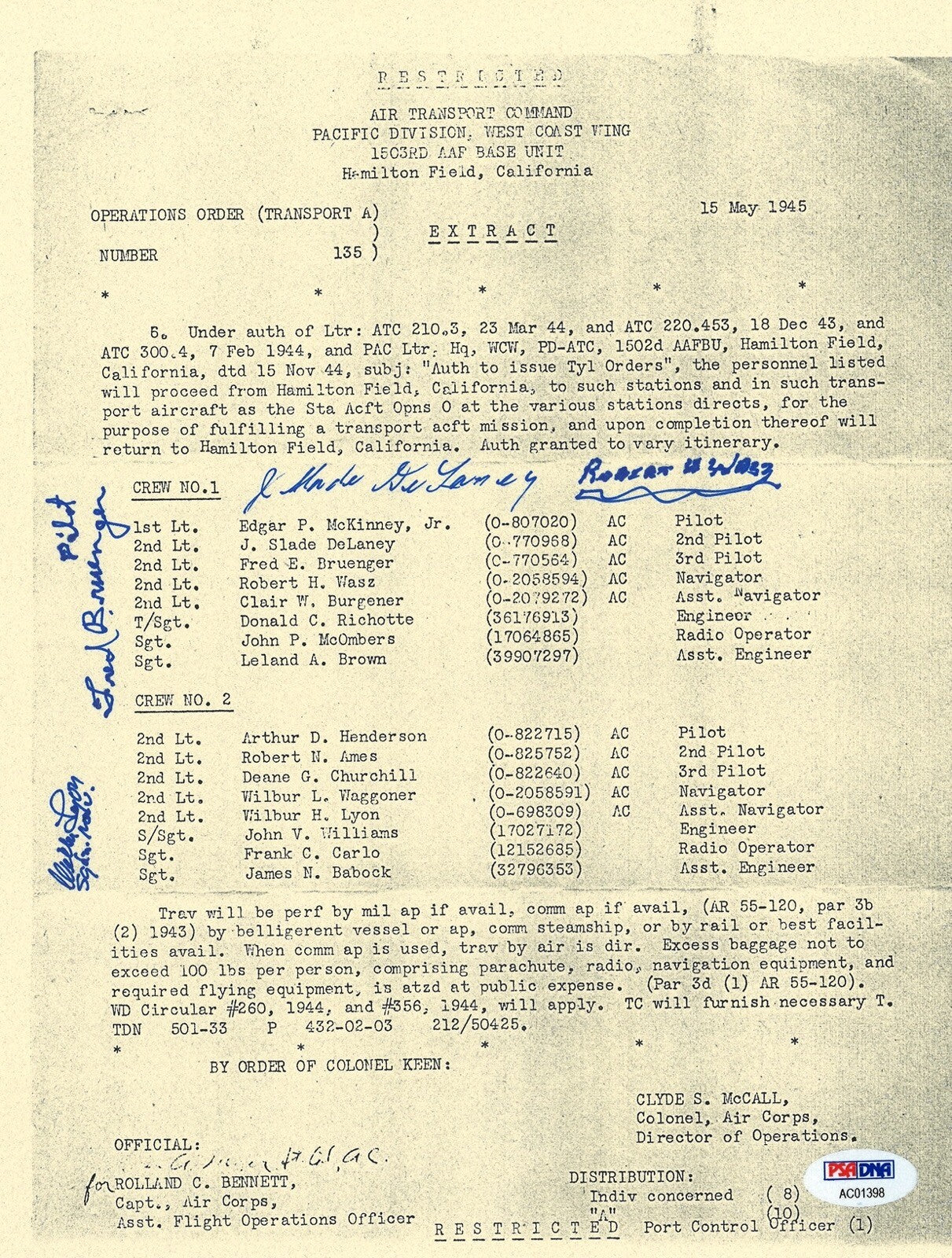 320TH TROUP SQUADRON MULTI SIGNED OPERATIONS ORDER DOCUMENT PSA DNA AC01398 X40