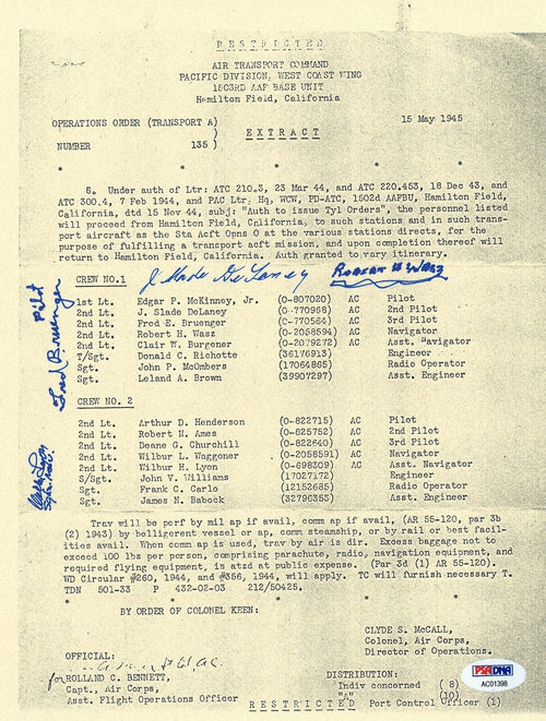 320TH TROUP SQUADRON MULTI SIGNED OPERATIONS ORDER DOCUMENT PSA DNA AC01398 X40