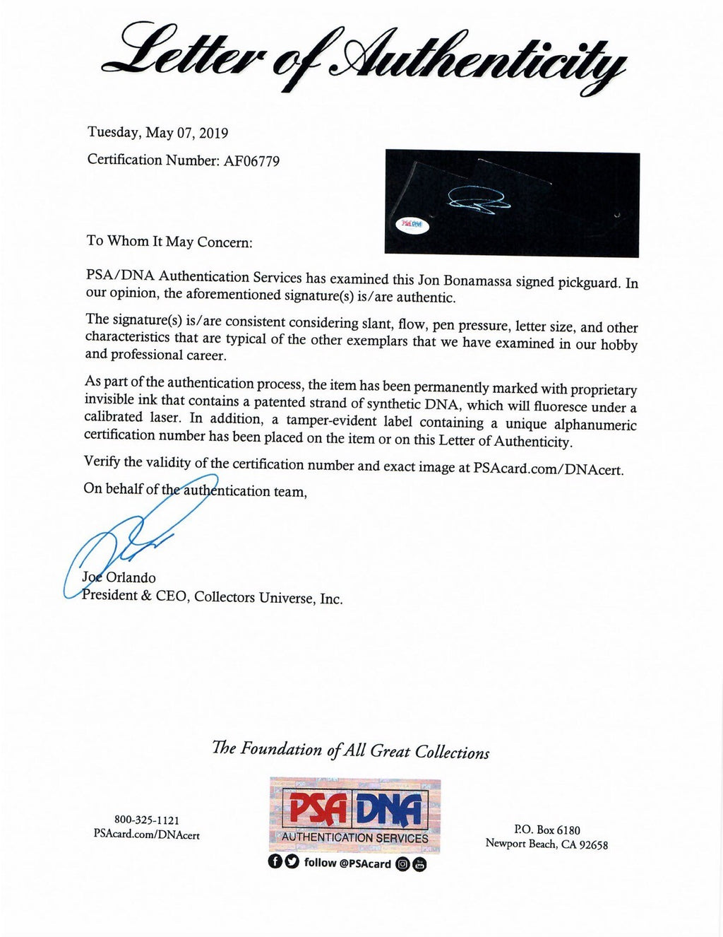 JOE BONAMASSA SIGNED LES PAUL PICKGUARD PSA DNA FULL LETTER1