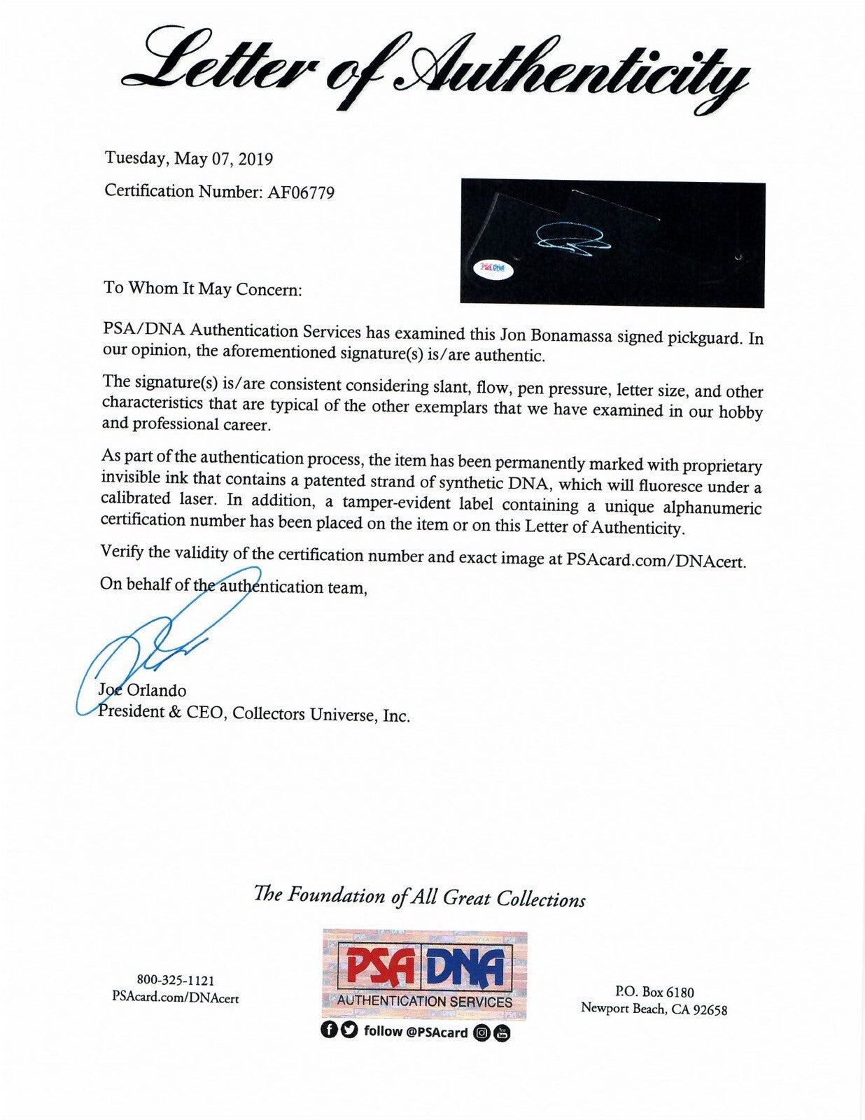 JOE BONAMASSA SIGNED LES PAUL PICKGUARD PSA DNA FULL LETTER1