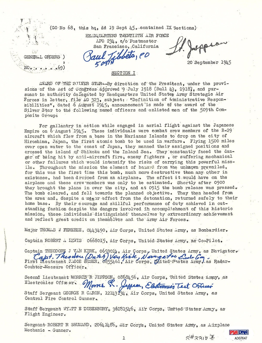 TIBBETS / VAN KIRK / JEPPSON SIGNED SILVER STAR DOCUMENT PSA DNA AD076470