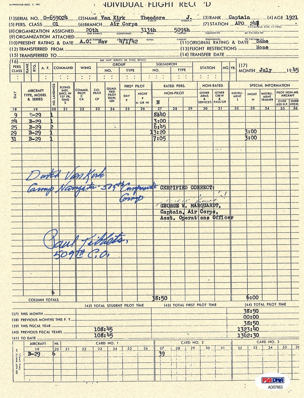 DUTCH VAN KIRK SIGNED FLIGHT RECORD DOCUMENT PSA DNA AD07663 TIBBETS ENOLA GAY0