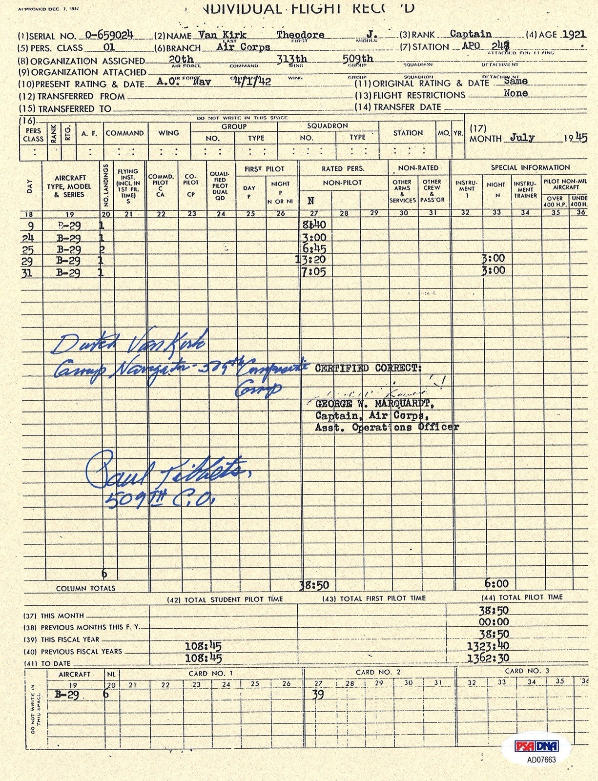 DUTCH VAN KIRK SIGNED FLIGHT RECORD DOCUMENT PSA DNA AD07663 TIBBETS ENOLA GAY0