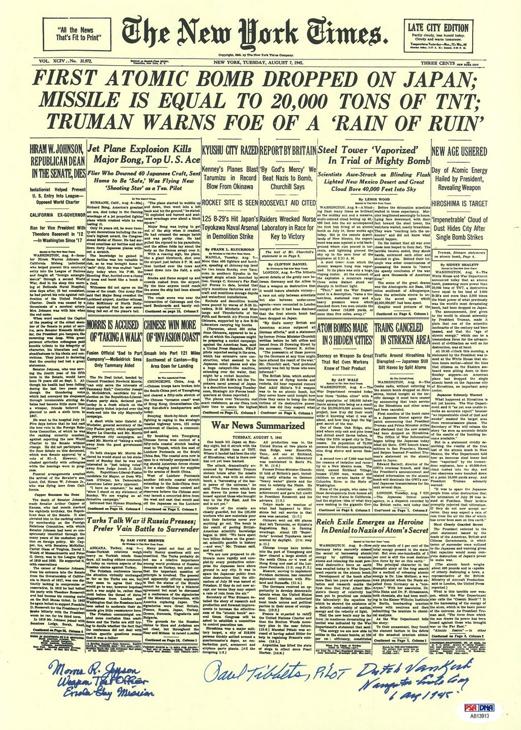 ENOLA GAY CREW SIGNED NEW YORK TIMES FRONT PAGE PRINT PSA DNA AB13913 (D) X30