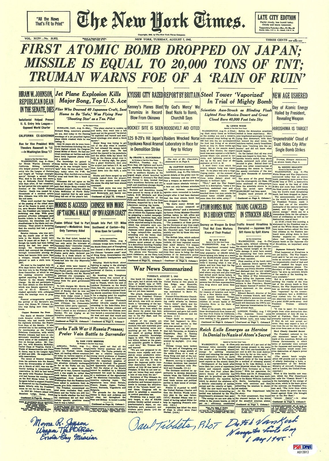 ENOLA GAY CREW SIGNED NEW YORK TIMES FRONT PAGE PRINT PSA DNA AB13913 (D) X30