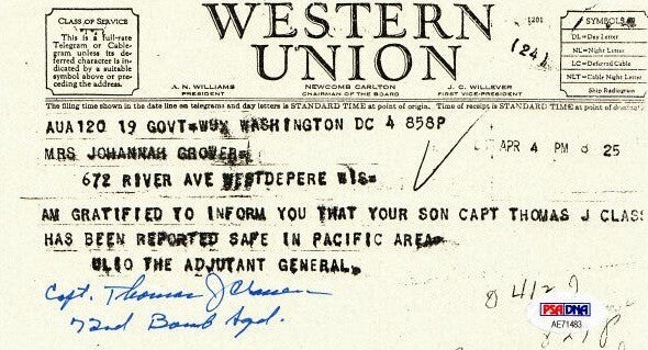 THOMAS CLASSEN SIGNED WESTERN UNION DOCUMENT PSA DNA AE71483 (D) WWII 72ND BS0