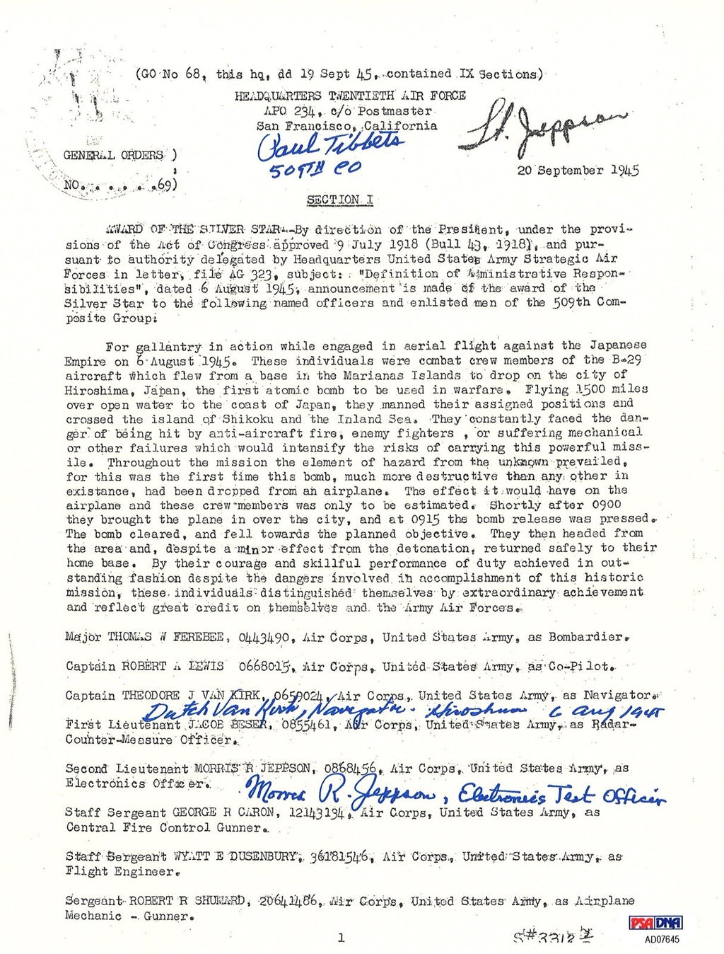 TIBBETS / VAN KIRK / JEPPSON SIGNED SILVER STAR DOCUMENT PSA DNA AD076450