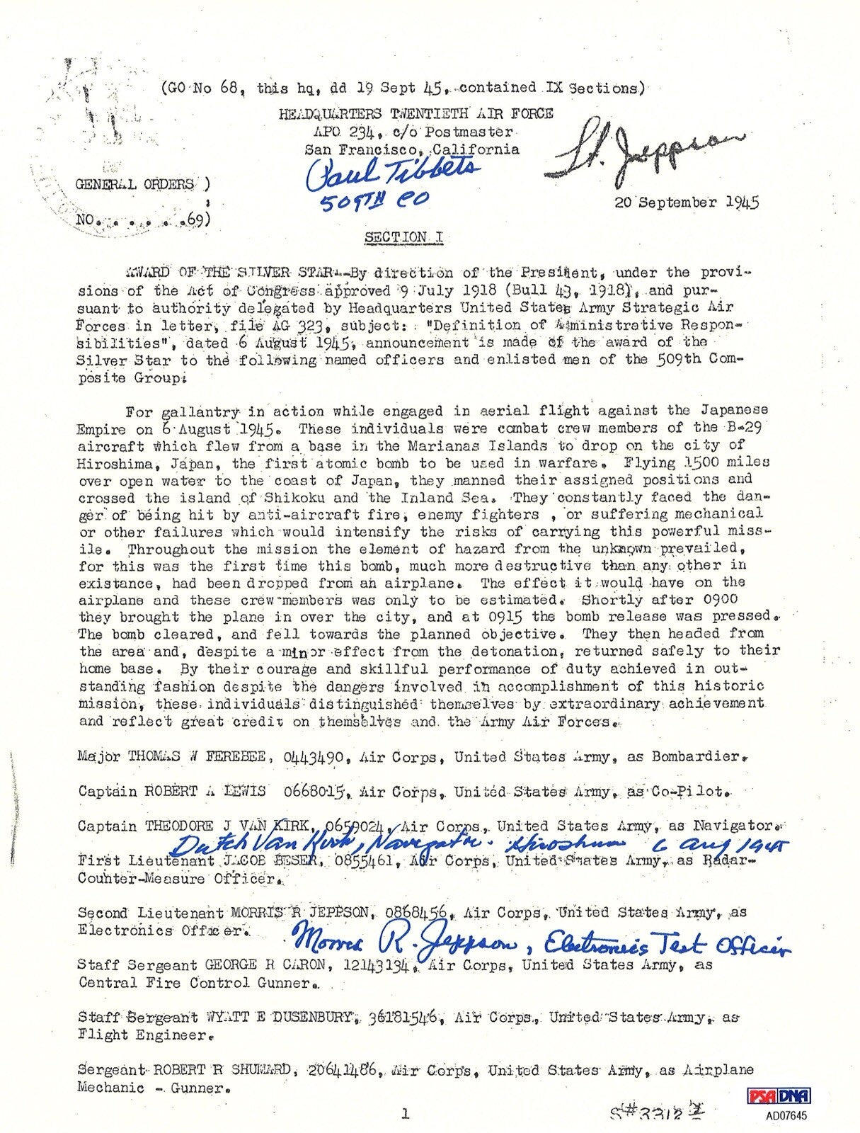 TIBBETS / VAN KIRK / JEPPSON SIGNED SILVER STAR DOCUMENT PSA DNA AD076450