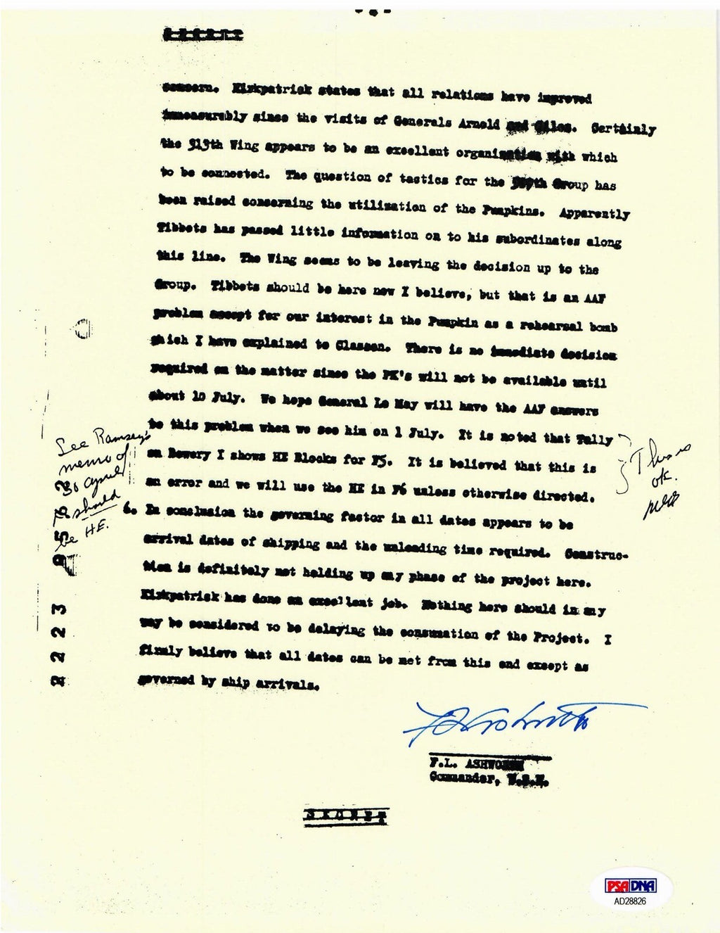 FREDERICK ASHWORTH SIGNED DOCUMENT PSA DNA AD28826 (D) WWII PROJECT ALBERTA0
