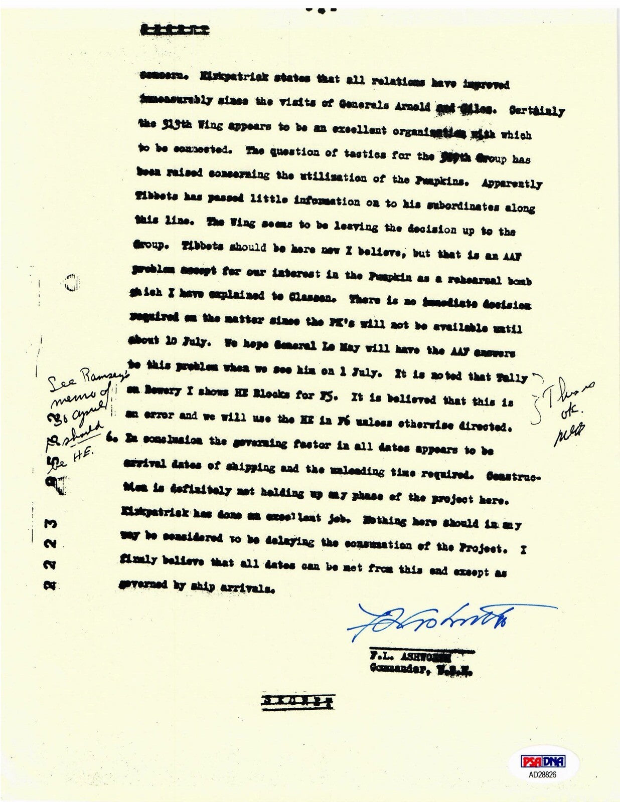 FREDERICK ASHWORTH SIGNED DOCUMENT PSA DNA AD28826 (D) WWII PROJECT ALBERTA0