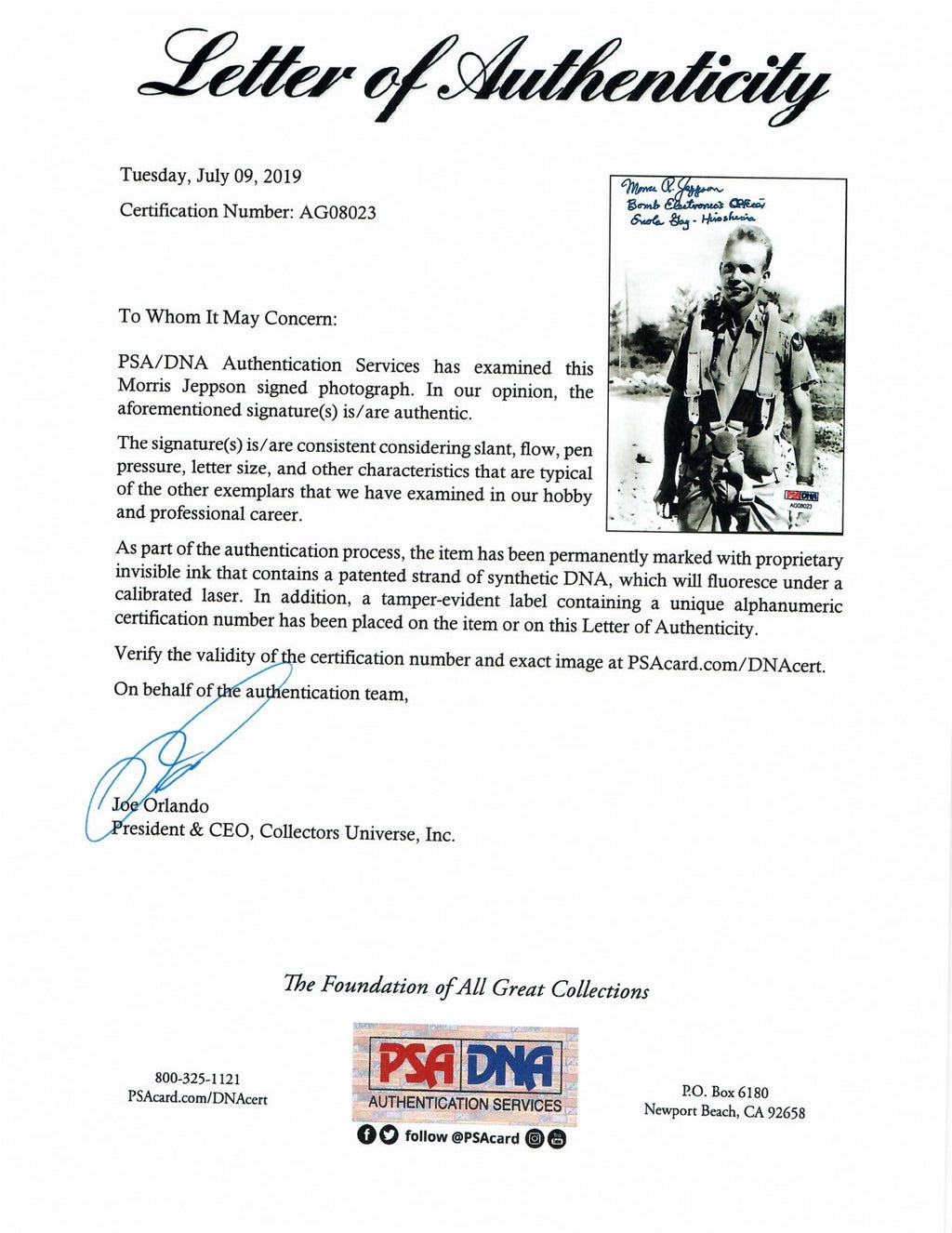 MORRIS JEPPSON SIGNED 5X7 PSA DNA AG08023 (D) WWII ENOLA GAY ETO1