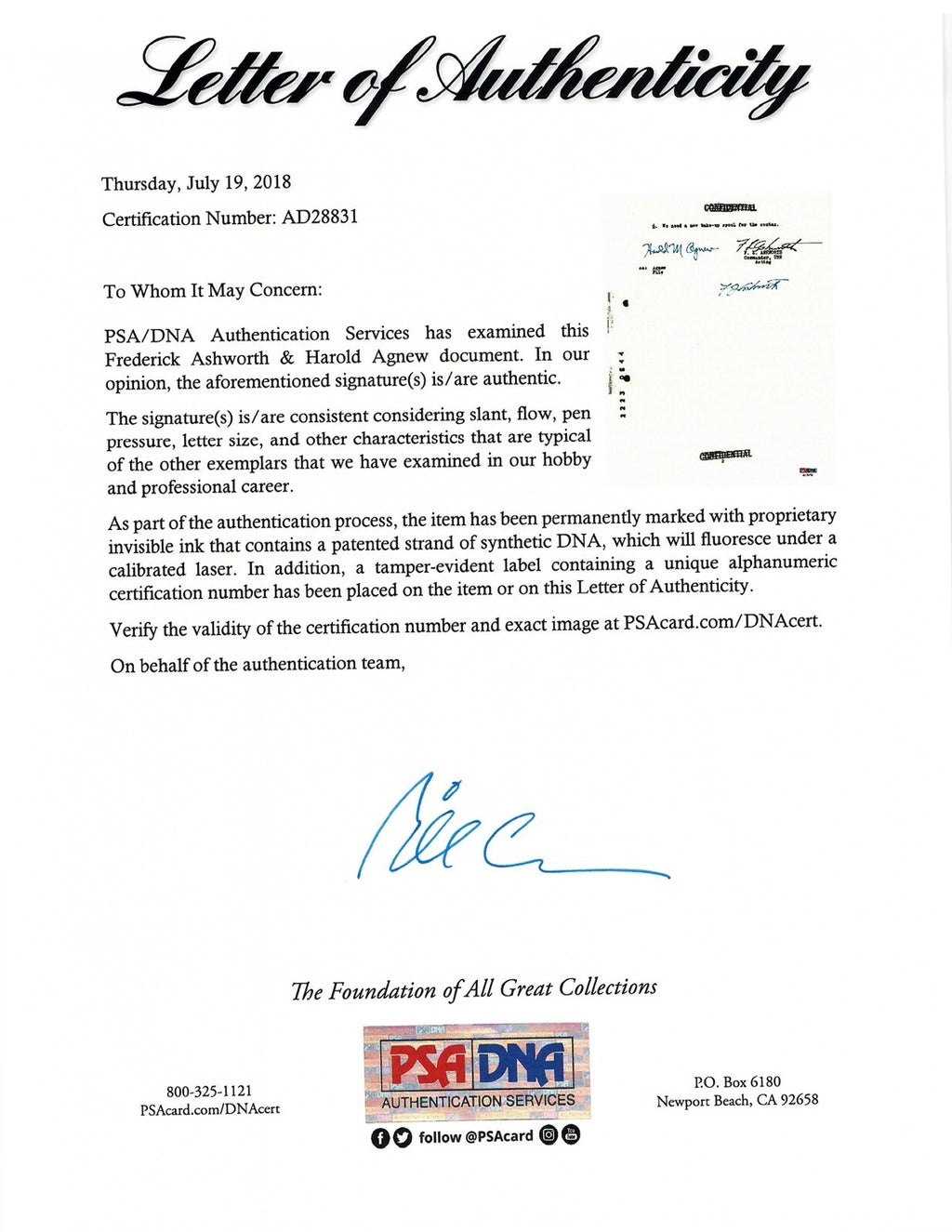 FREDERICK ASHWORTH HAROLD AGNEW SIGNED DOCUMENT PSA DNA AD28831 PROJECT ALBERTA1