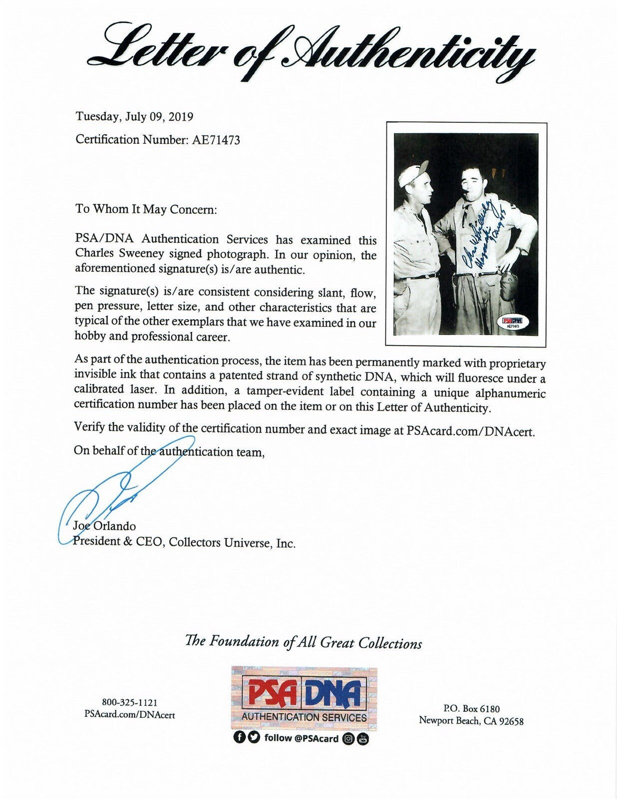 CHARLES SWEENEY SIGNED 5x7 PHOTO PSA DNA AE71473 (D) WWII PILOT BOCKSCAR C-151