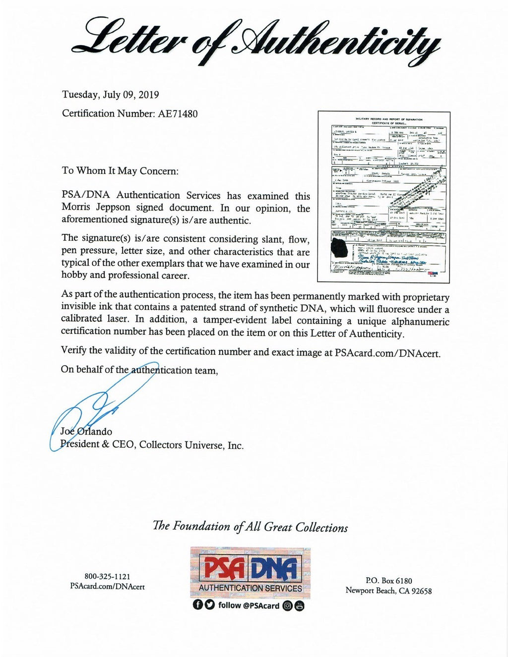 MORRIS JEPPSON SIGNED SERVICE DOCUMENT PSA DNA AE71480 ENOLA GAY ETO (D)1