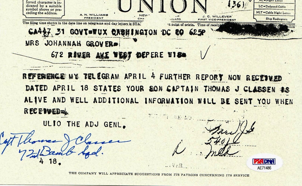 THOMAS CLASSEN SIGNED WESTERN UNION DOCUMENT PSA DNA AE71486 (D) WWII 72ND BS0