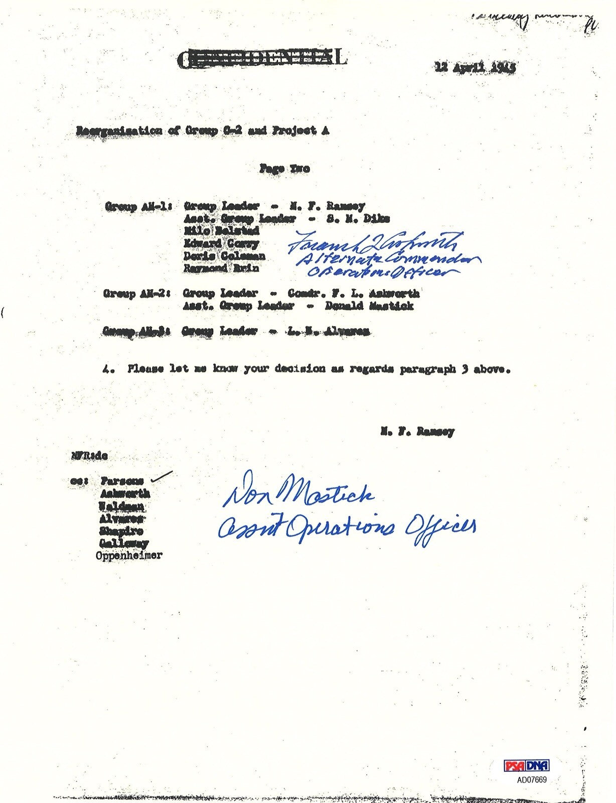 FREDERICK ASHWORTH / DON MASTICK SIGNED PROJECT ALBERTA DOCUMENT PSA DNA AD076690