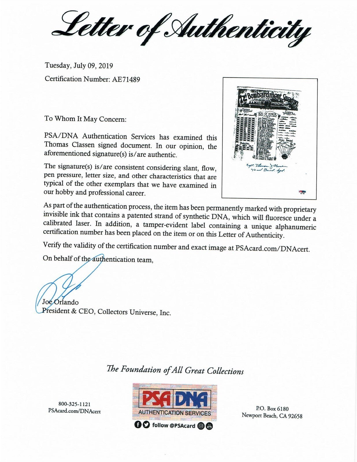 THOMAS CLASSEN SIGNED ROLL OF HONOR DOCUMENT PSA DNA AE71489 (D) WWII 72ND BS1