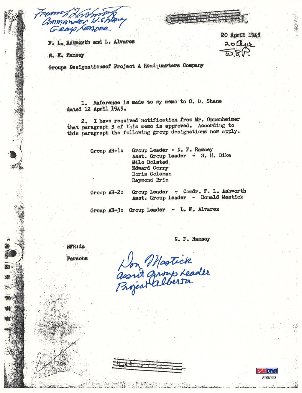 FREDERICK ASHWORTH / DON MASTICK SIGNED PROJECT ALBERTA DOCUMENT PSA DNA AD076680