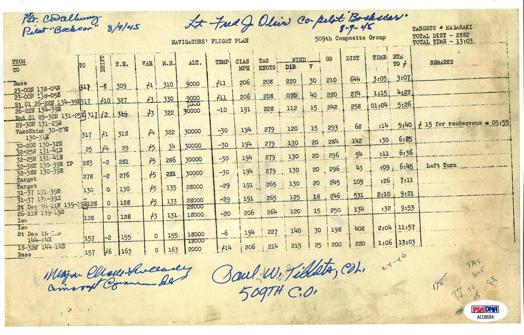 BOCKSCAR CREW MULTI SIGNED FLIGHT PLAN 8/9/1945 PSA DNA AD28584 (D) RARE0