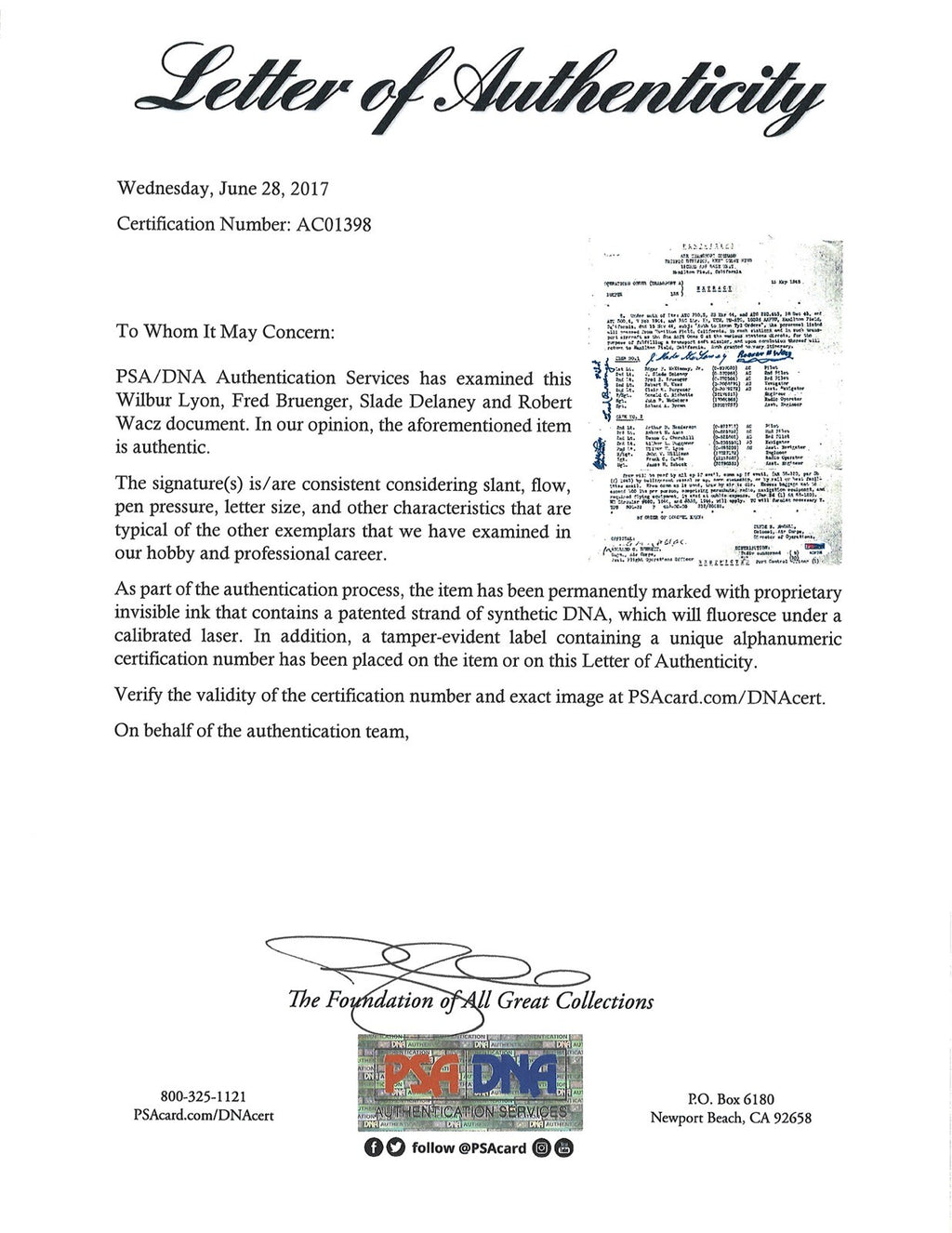 320TH TROUP SQUADRON MULTI SIGNED OPERATIONS ORDER DOCUMENT PSA DNA AC01398 X41