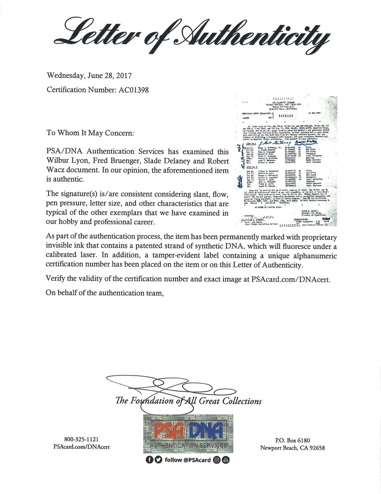 320TH TROUP SQUADRON MULTI SIGNED OPERATIONS ORDER DOCUMENT PSA DNA AC01398 X41