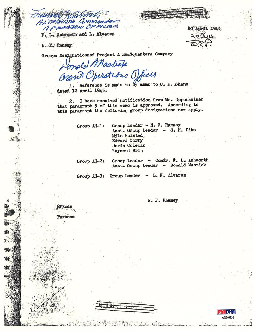 FREDERICK ASHWORTH / DON MASTICK SIGNED PROJECT ALBERTA DOCUMENT PSA DNA AD076660