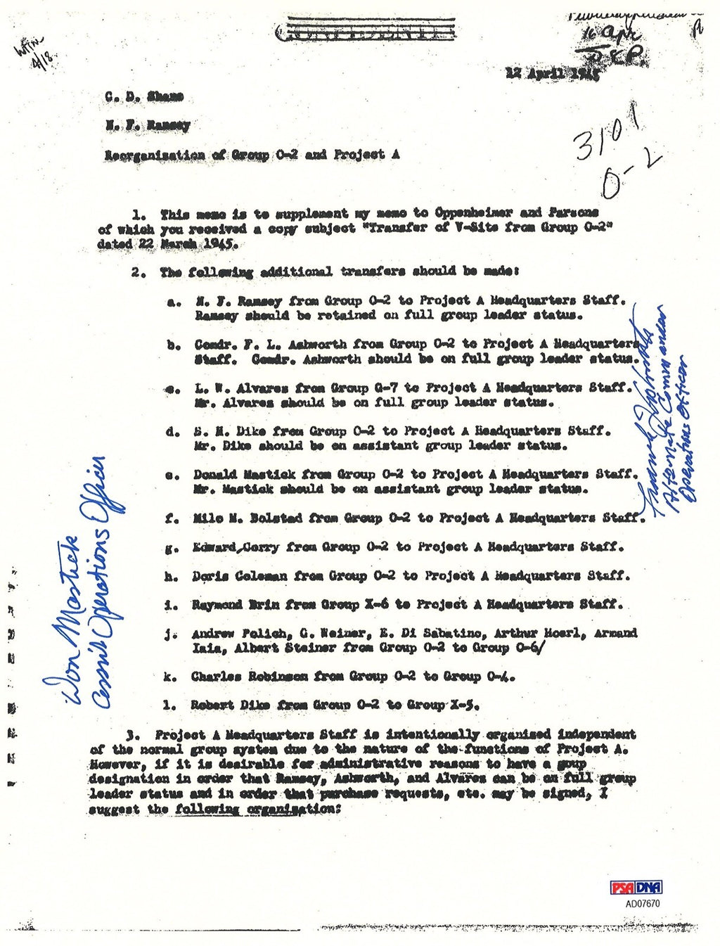 FREDERICK ASHWORTH / DON MASTICK SIGNED PROJECT ALBERTA DOCUMENT PSA DNA AD076700