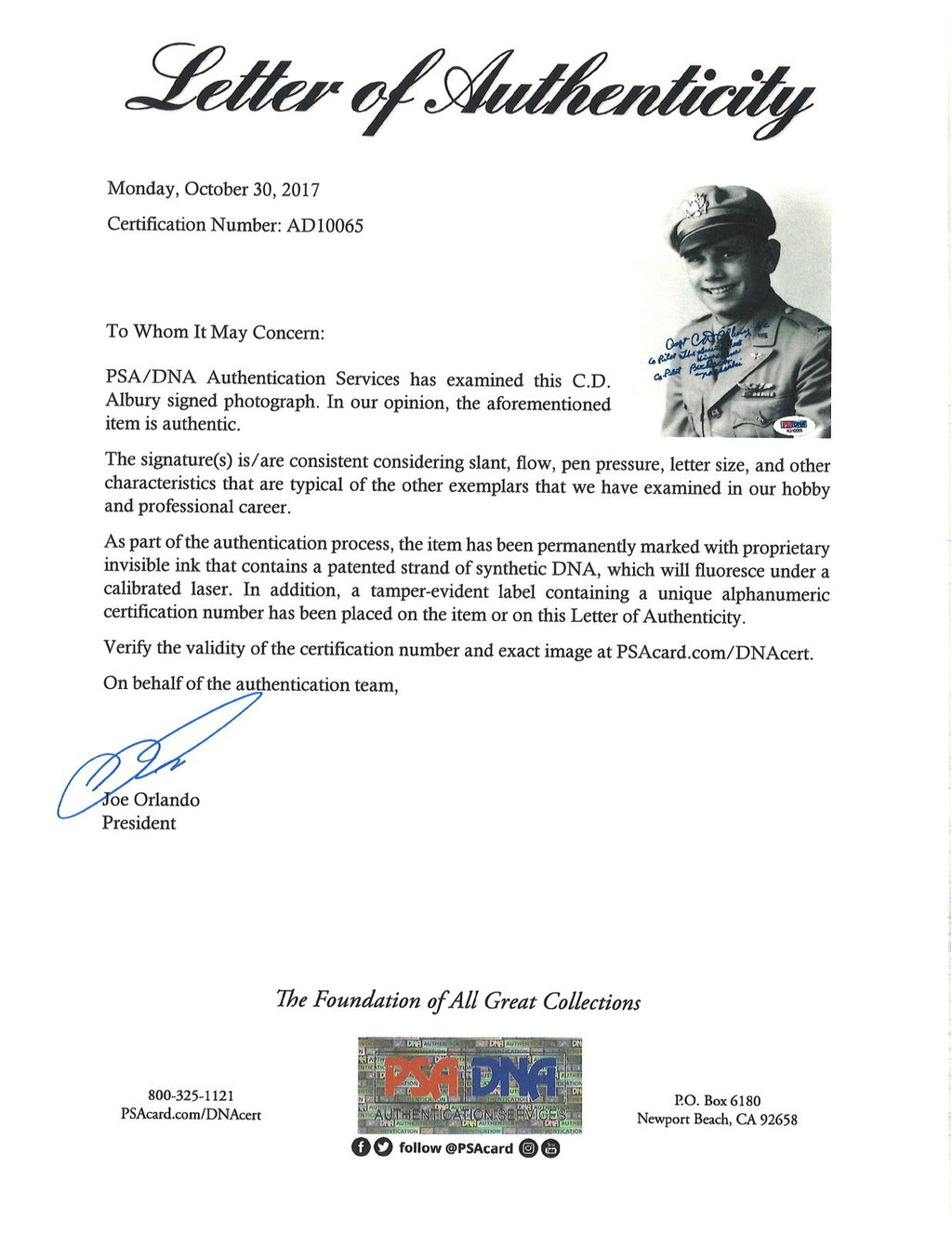 C.D. ALBURY SIGNED 5X7 PSA DNA AD10065 (D) BOCKSCAR C-15 COPILOT1
