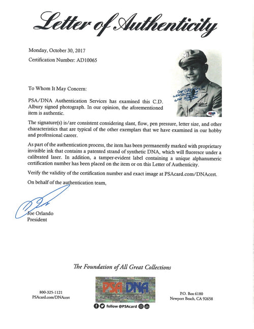 C.D. ALBURY SIGNED 5X7 PSA DNA AD10065 (D) BOCKSCAR C-15 COPILOT1