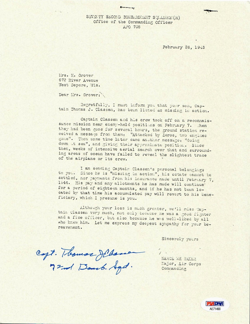 THOMAS CLASSEN SIGNED PSA DNA AE71490 (D) WWII MIA LETTER 509TH COMP GROUP0