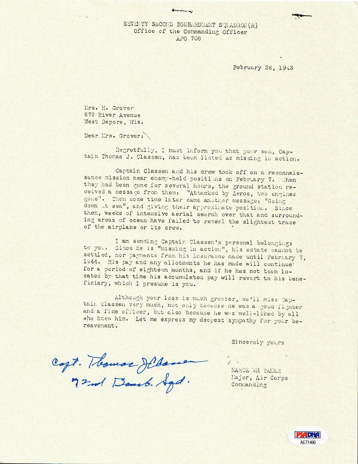 THOMAS CLASSEN SIGNED PSA DNA AE71490 (D) WWII MIA LETTER 509TH COMP GROUP0