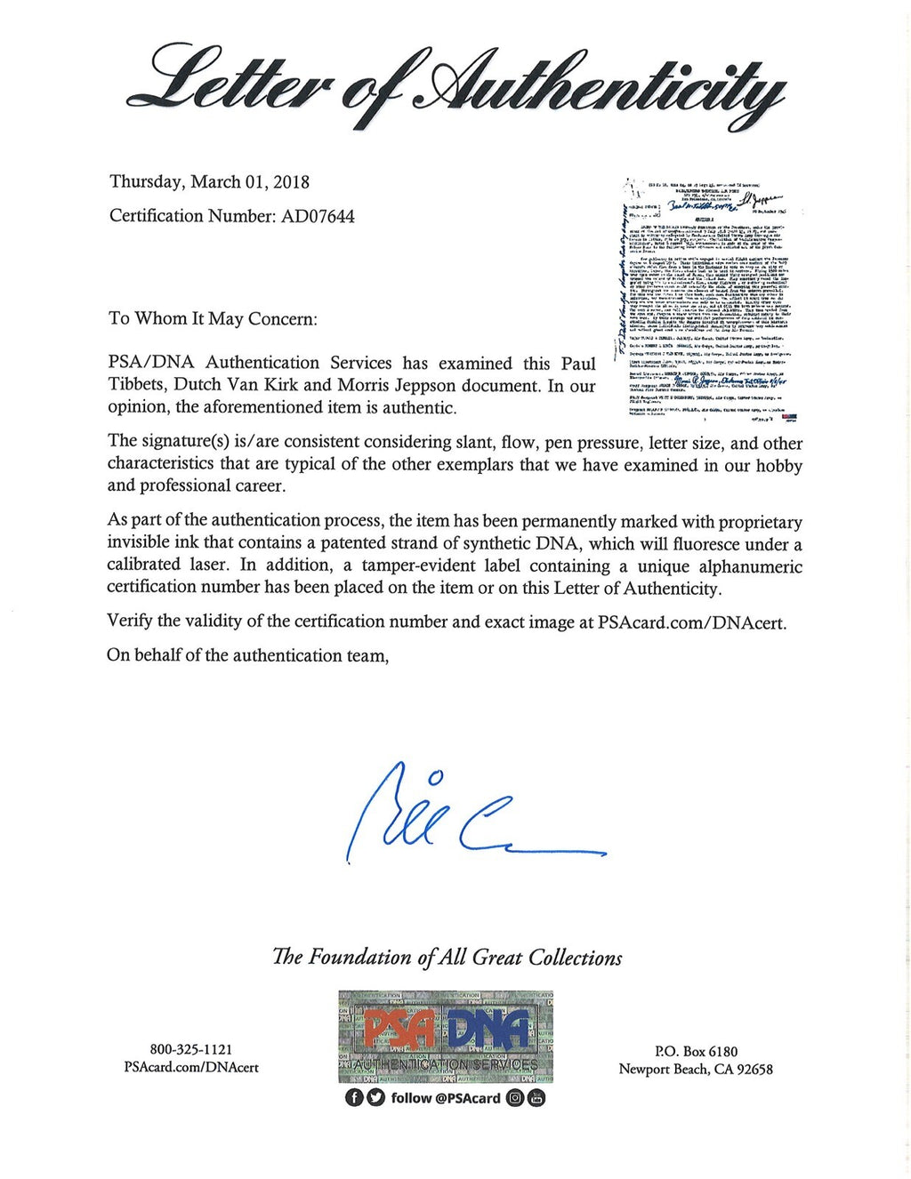 TIBBETS /VAN KIRK / JEPPSON SIGNED SILVER STAR DOCUMENT PSA DNA AD076441