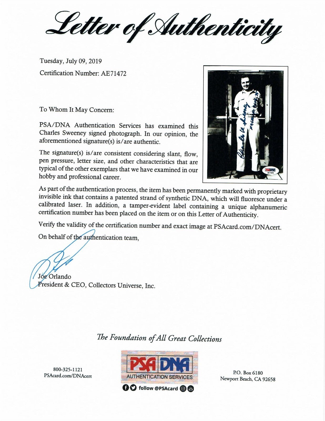 CHARLES SWEENEY SIGNED 5x7 PHOTO PSA DNA AE71472 (D) WWII PILOT BOCKSCAR C-151