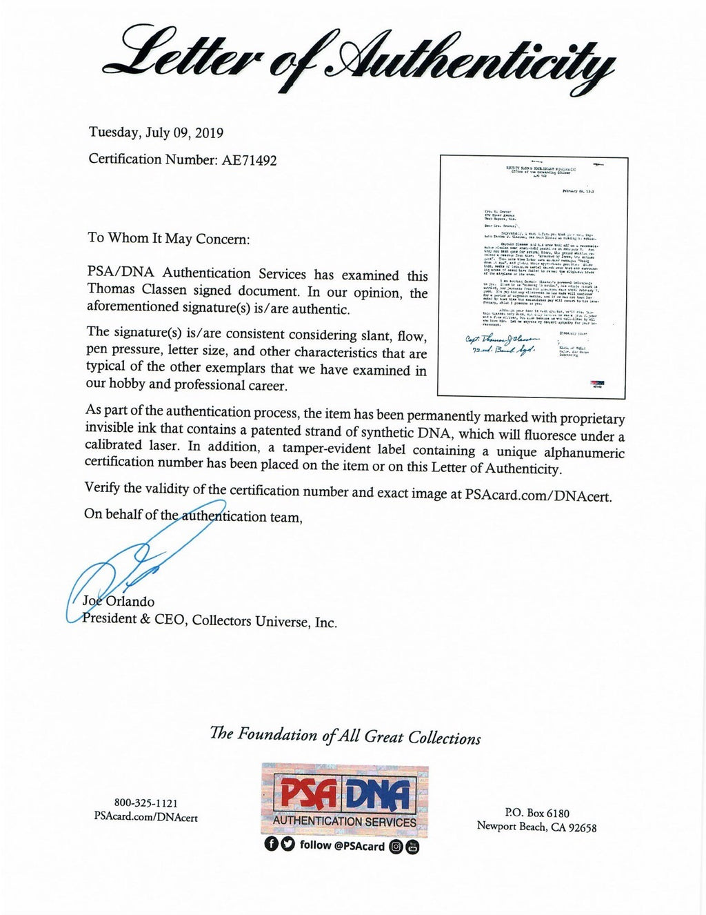 THOMAS CLASSEN SIGNED PSA DNA AE71492 (D) WWII MIA LETTER 509TH COMP GROUP1